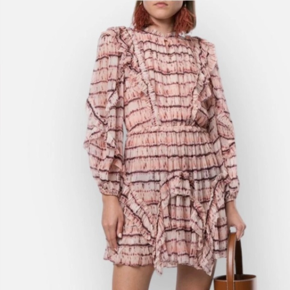 Ulla Johnson Pink and Brown Ruffled Tiered Silk Dress